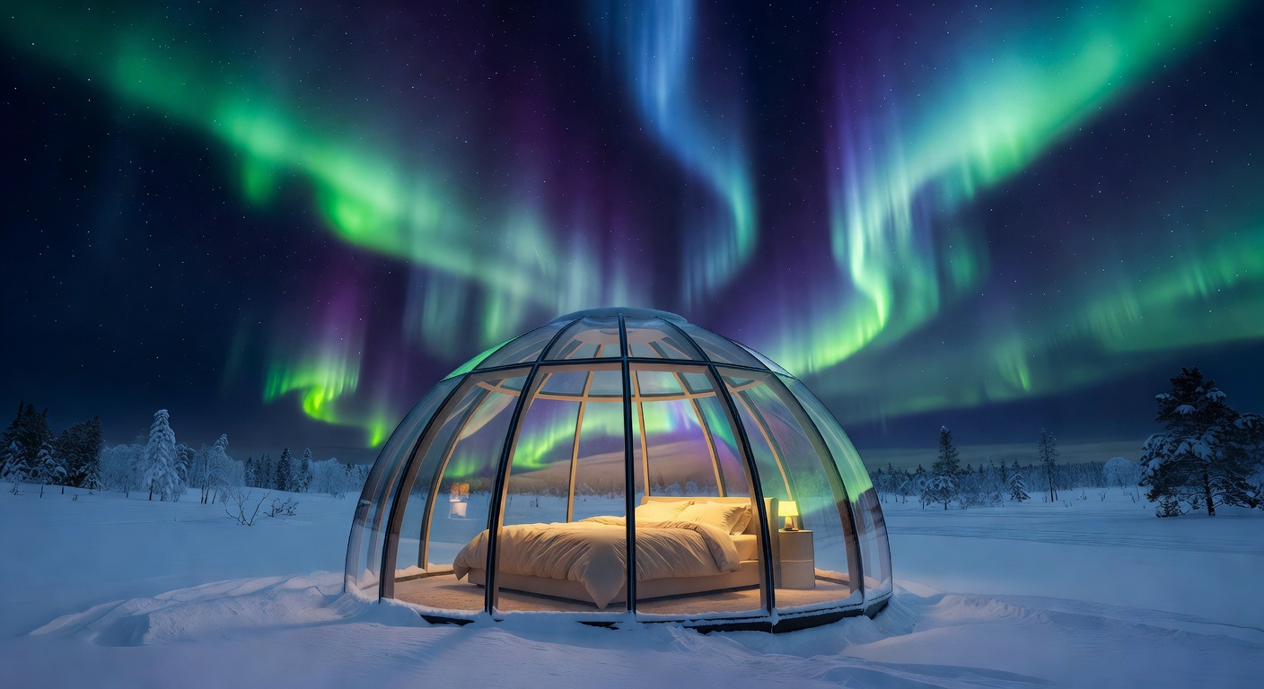Glass roof cabin for viewing the northern lights