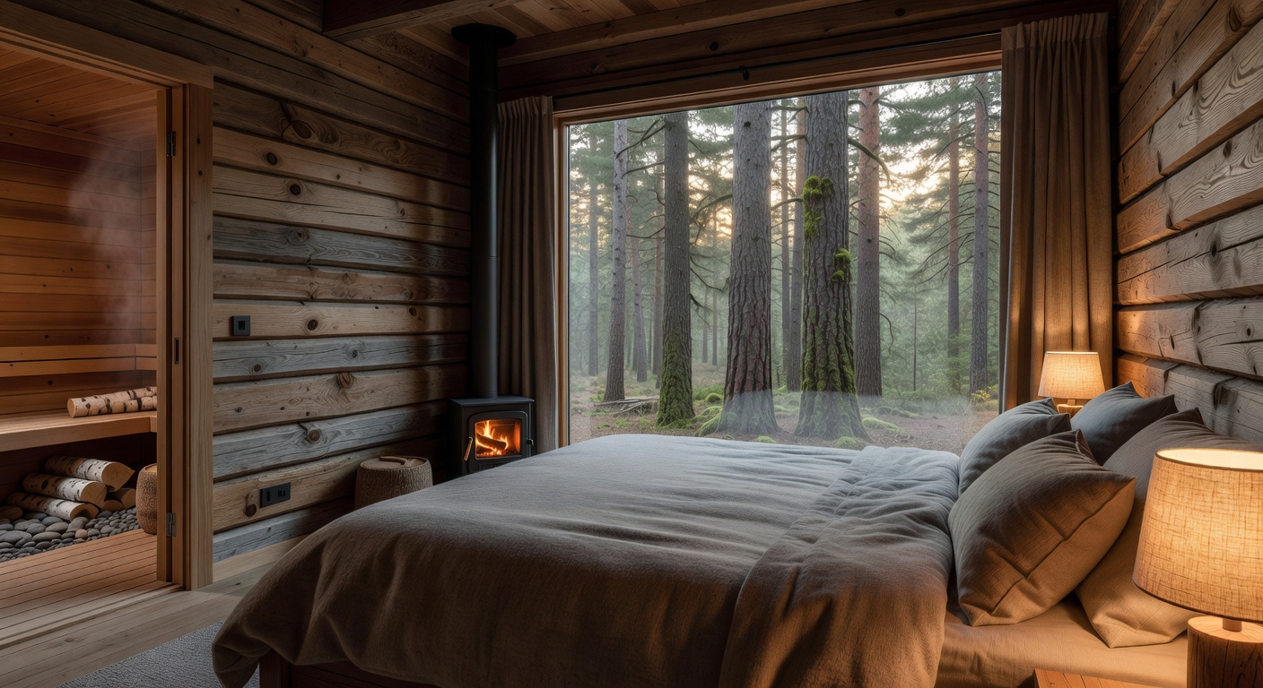 Cozy cabin bedroom with warm lighting and forest views
