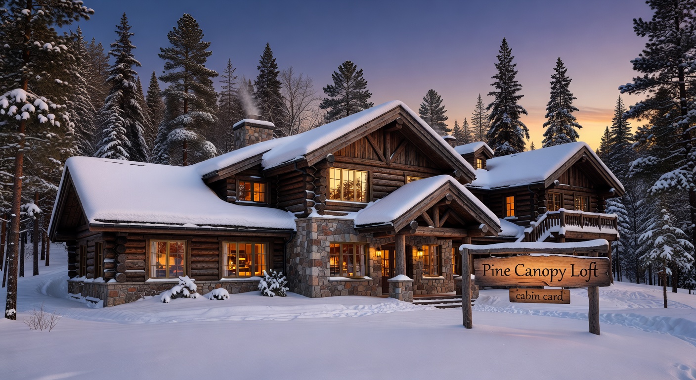 Large luxury mountain lodge covered in snow at twilight