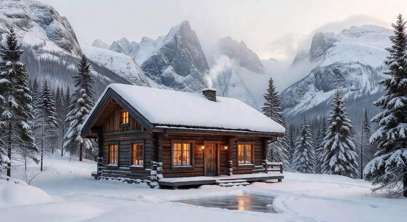Beautiful wooden cabin in a snowy Norwegian mountain landscape