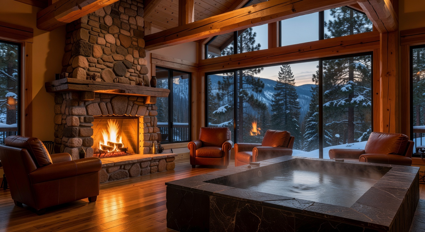 Warm interior of a luxury mountain cabin with a glowing fireplace